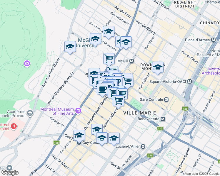 map of restaurants, bars, coffee shops, grocery stores, and more near in Montreal