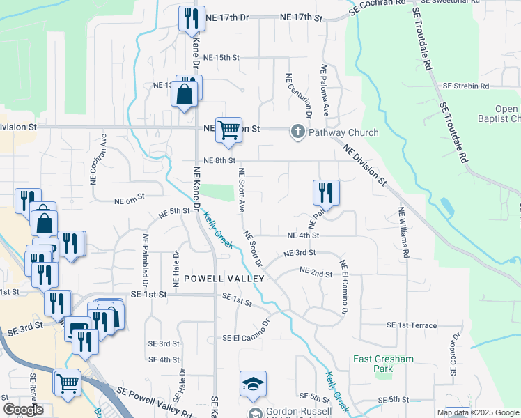 map of restaurants, bars, coffee shops, grocery stores, and more near 452 Northeast Hacienda Place in Gresham
