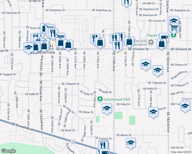 map of restaurants, bars, coffee shops, grocery stores, and more near 2936 Southeast 170th Avenue in Portland