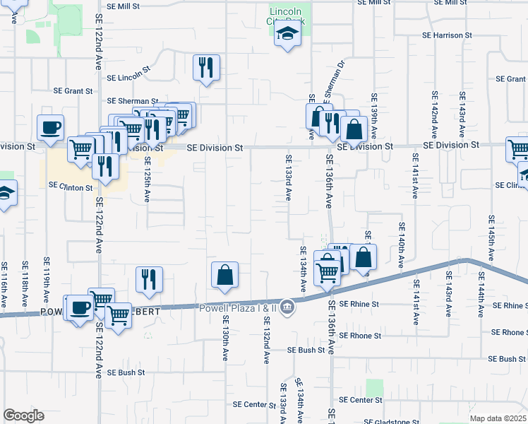 map of restaurants, bars, coffee shops, grocery stores, and more near 2924 Southeast 131st Avenue in Portland