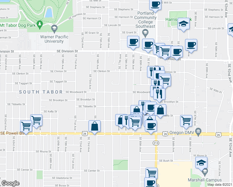 map of restaurants, bars, coffee shops, grocery stores, and more near 2920 Southeast 76th Avenue in Portland