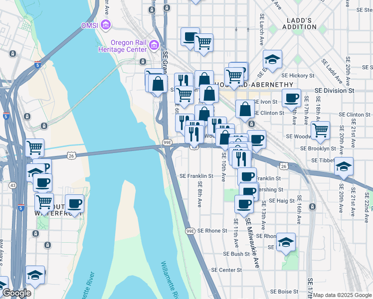 map of restaurants, bars, coffee shops, grocery stores, and more near 3019 Southeast 6th Avenue in Portland