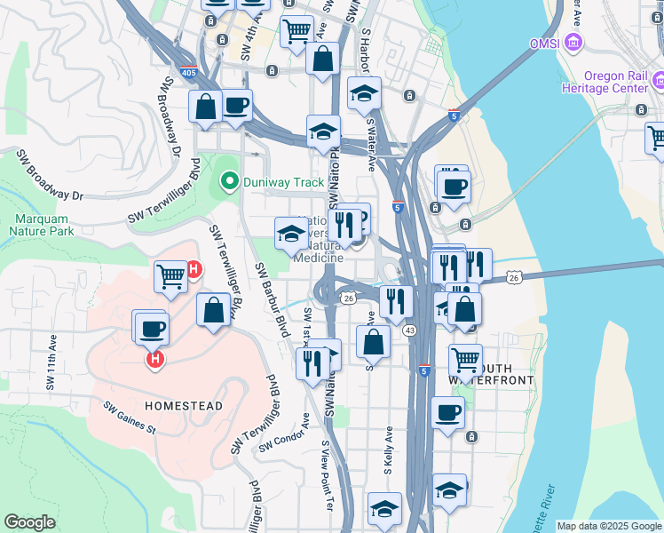 map of restaurants, bars, coffee shops, grocery stores, and more near 010 Southwest Porter Street in Portland