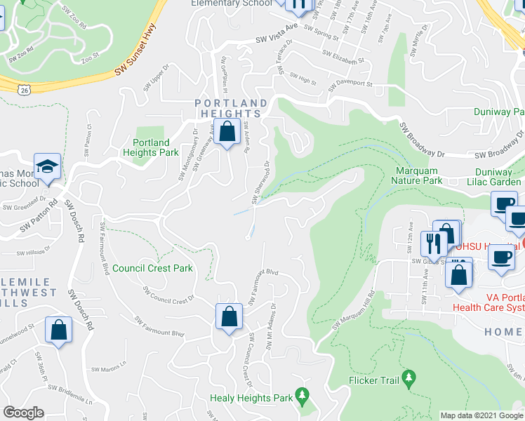 map of restaurants, bars, coffee shops, grocery stores, and more near 3008 Southwest Nottingham Drive in Portland