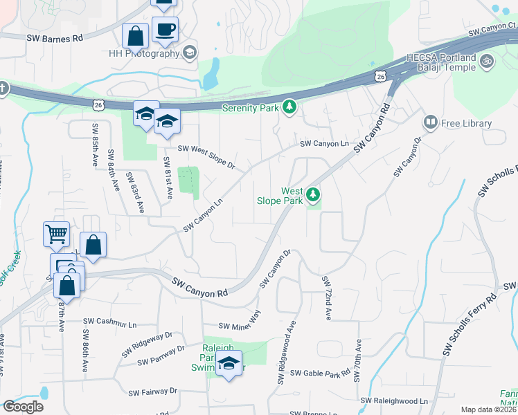 map of restaurants, bars, coffee shops, grocery stores, and more near 2625 Southwest 75th Terrace in Portland