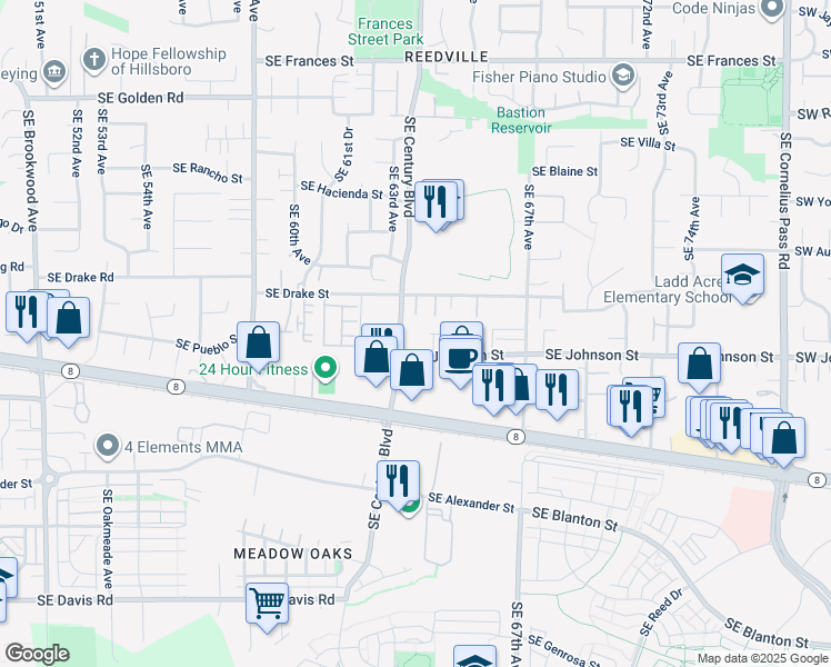 map of restaurants, bars, coffee shops, grocery stores, and more near 6331 Southeast Johnson Street in Hillsboro