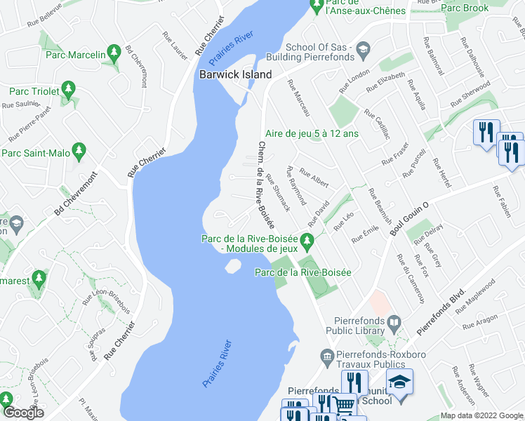 map of restaurants, bars, coffee shops, grocery stores, and more near Chemin de la Rive Boisée in Montréal