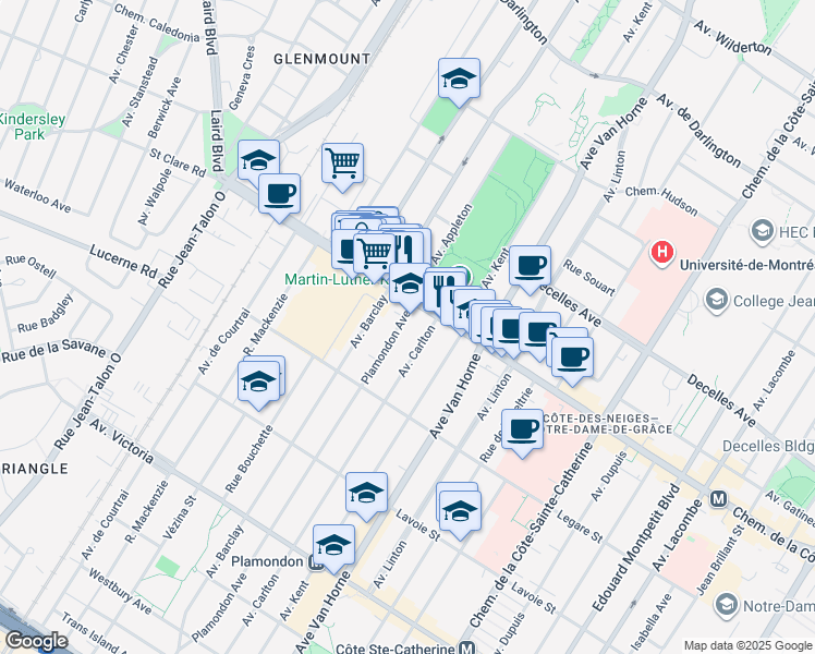map of restaurants, bars, coffee shops, grocery stores, and more near 3740 Avenue Plamondon in Montréal