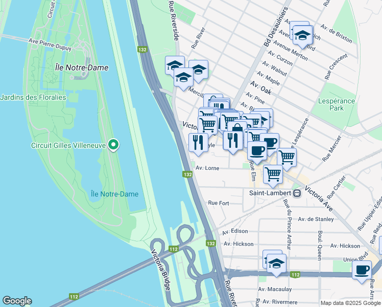 map of restaurants, bars, coffee shops, grocery stores, and more near 295 Rue Riverside in Saint-Lambert