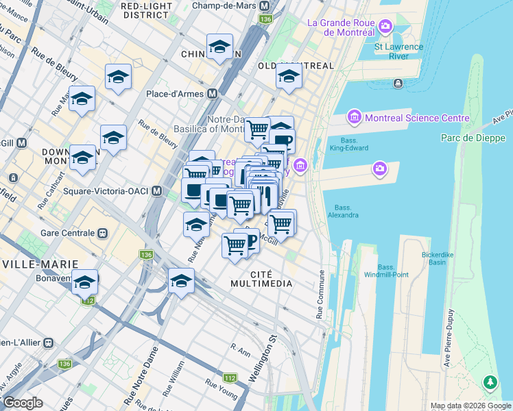 map of restaurants, bars, coffee shops, grocery stores, and more near 356 Rue le Moyne in Montréal