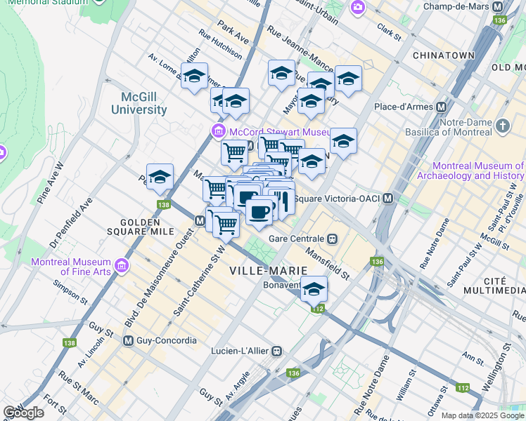 map of restaurants, bars, coffee shops, grocery stores, and more near 1215 Rue Mansfield in Montréal
