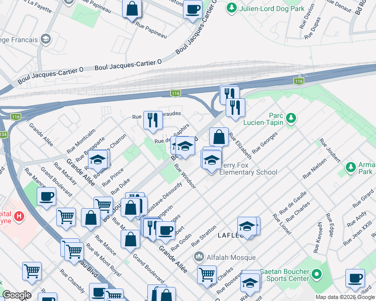 map of restaurants, bars, coffee shops, grocery stores, and more near 1660 Boulevard Édouard in Longueuil