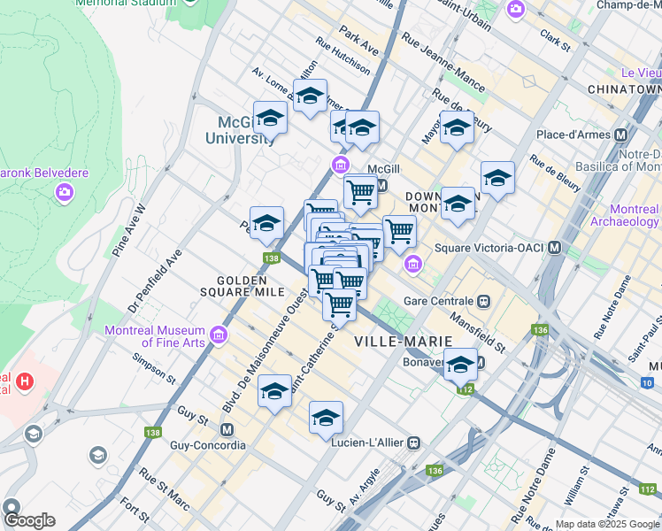 map of restaurants, bars, coffee shops, grocery stores, and more near 1000 Boulevard De Maisonneuve Ouest in Montreal