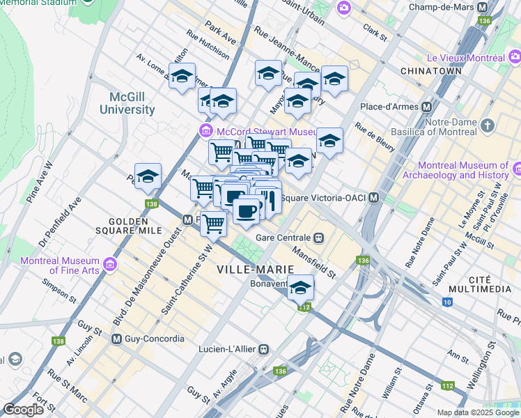 map of restaurants, bars, coffee shops, grocery stores, and more near 800 Rue Cathcart in Montreal