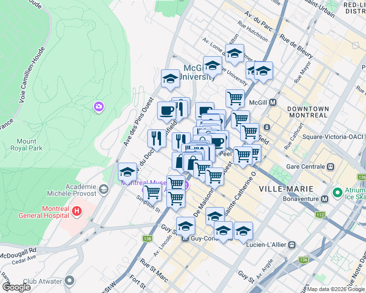 map of restaurants, bars, coffee shops, grocery stores, and more near 3445 Rue Drummond in Montréal