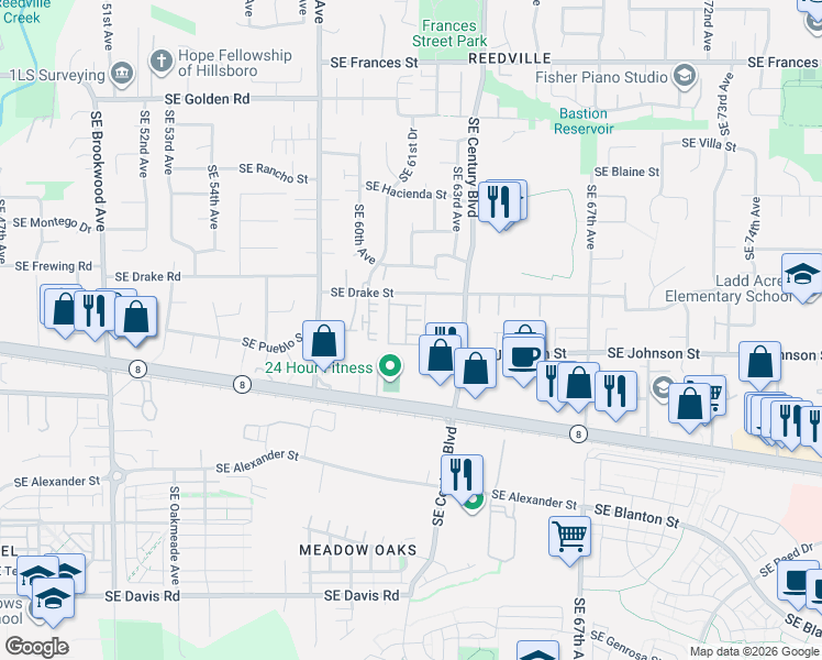 map of restaurants, bars, coffee shops, grocery stores, and more near 6207 Southeast Luna Way in Hillsboro