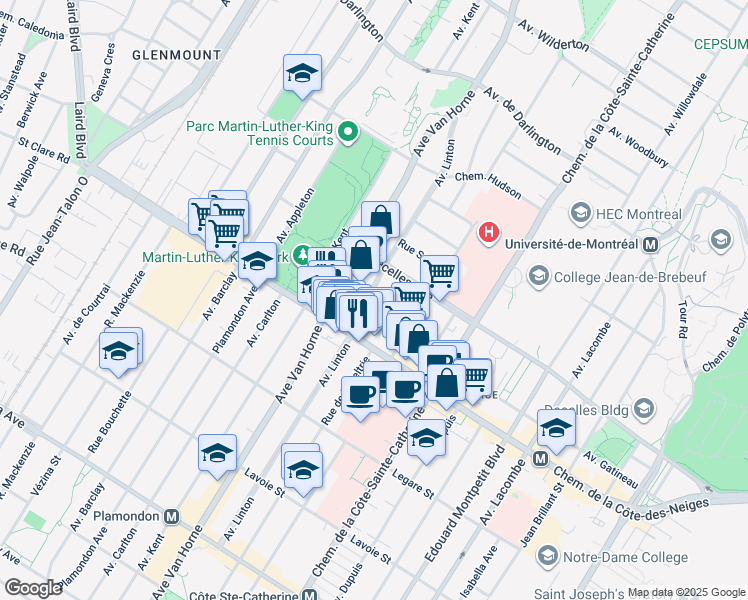 map of restaurants, bars, coffee shops, grocery stores, and more near 3450 Avenue Linton in Montréal