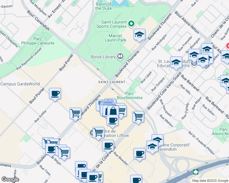 map of restaurants, bars, coffee shops, grocery stores, and more near 11201 Boulevard Cavendish in Montréal