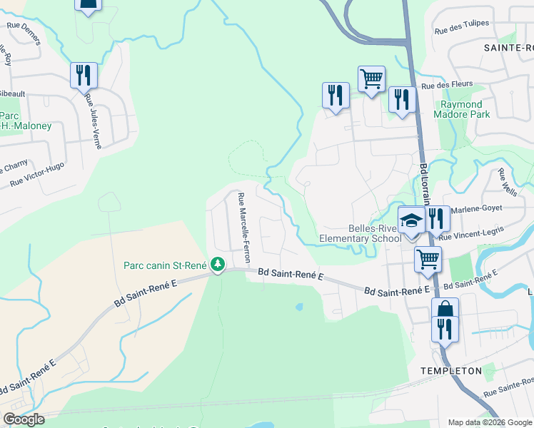 map of restaurants, bars, coffee shops, grocery stores, and more near Rue Quévillon in Gatineau