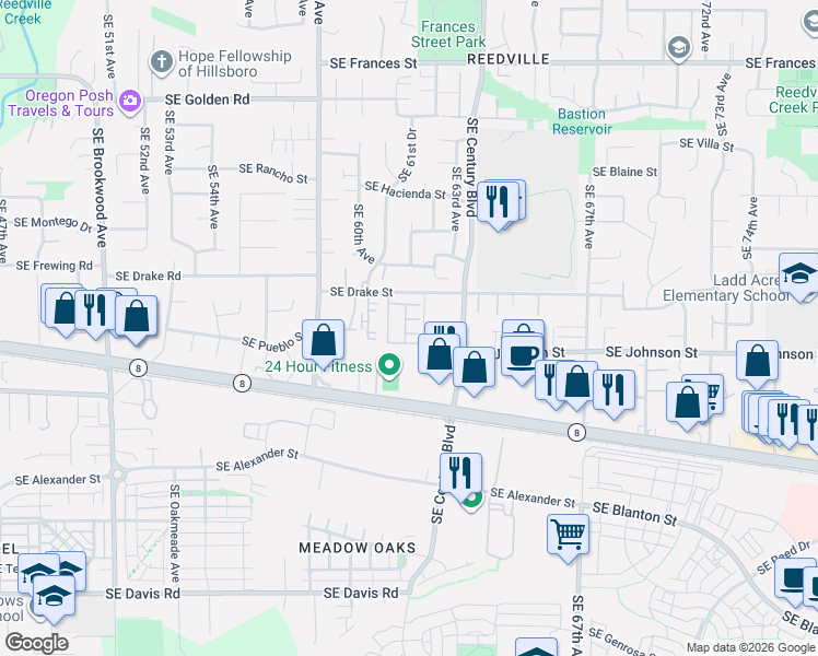 map of restaurants, bars, coffee shops, grocery stores, and more near 6207 Southeast Luna Way in Hillsboro