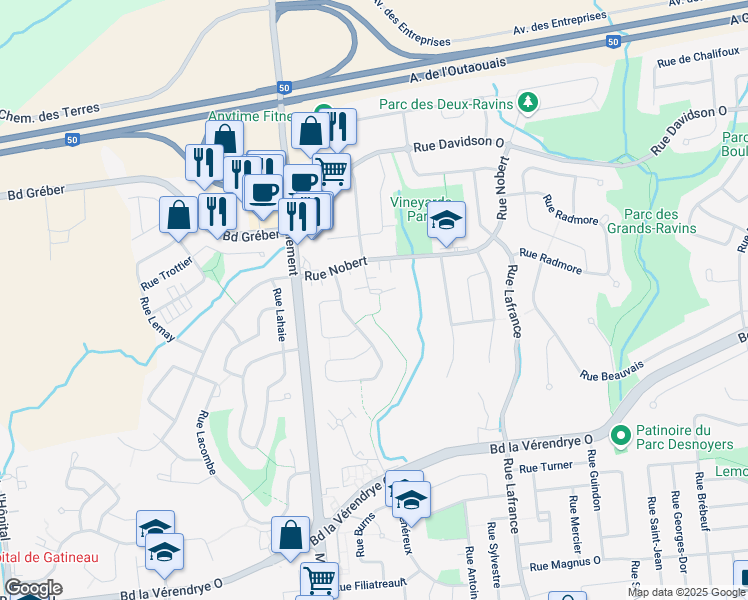 map of restaurants, bars, coffee shops, grocery stores, and more near 2 Rue de Sauternes in Gatineau