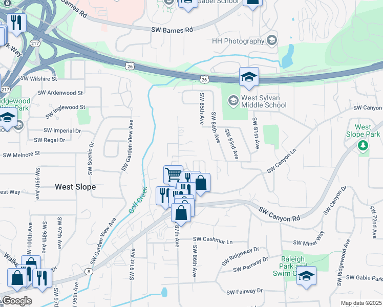 map of restaurants, bars, coffee shops, grocery stores, and more near 2570 Southwest 87th Avenue in Portland