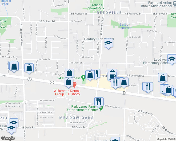 map of restaurants, bars, coffee shops, grocery stores, and more near 6211 Southeast Polaris Way in Hillsboro