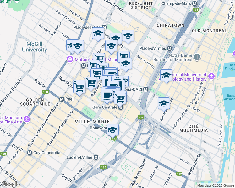 map of restaurants, bars, coffee shops, grocery stores, and more near in Montreal
