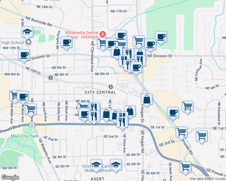 map of restaurants, bars, coffee shops, grocery stores, and more near 434 Northeast Liberty Avenue in Gresham