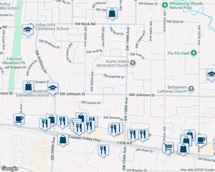 map of restaurants, bars, coffee shops, grocery stores, and more near 2601 Southwest 201st Avenue in Beaverton