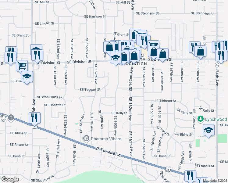 map of restaurants, bars, coffee shops, grocery stores, and more near 2942 Southeast 160th Avenue in Portland