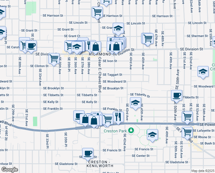 map of restaurants, bars, coffee shops, grocery stores, and more near in Portland