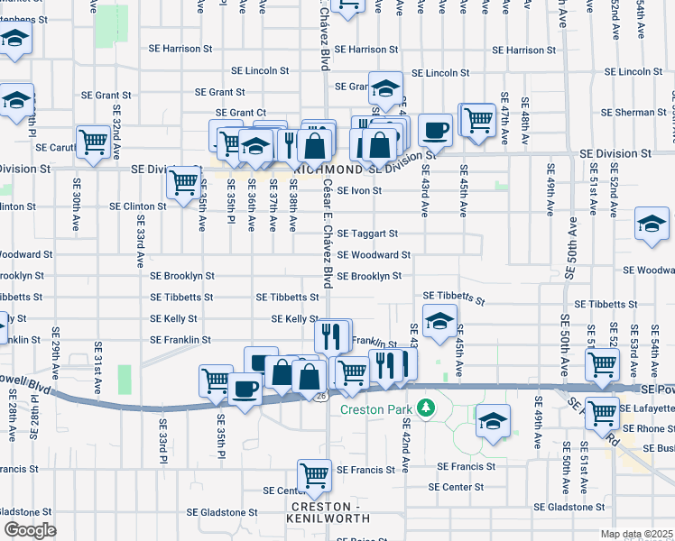 map of restaurants, bars, coffee shops, grocery stores, and more near 3924 Southeast Brooklyn Street in Portland
