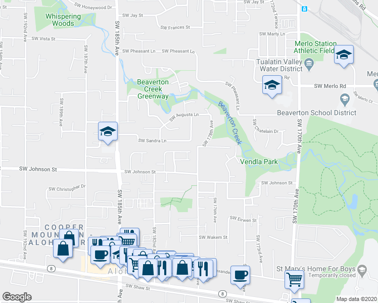 map of restaurants, bars, coffee shops, grocery stores, and more near 17959 Southwest Camas Street in Beaverton