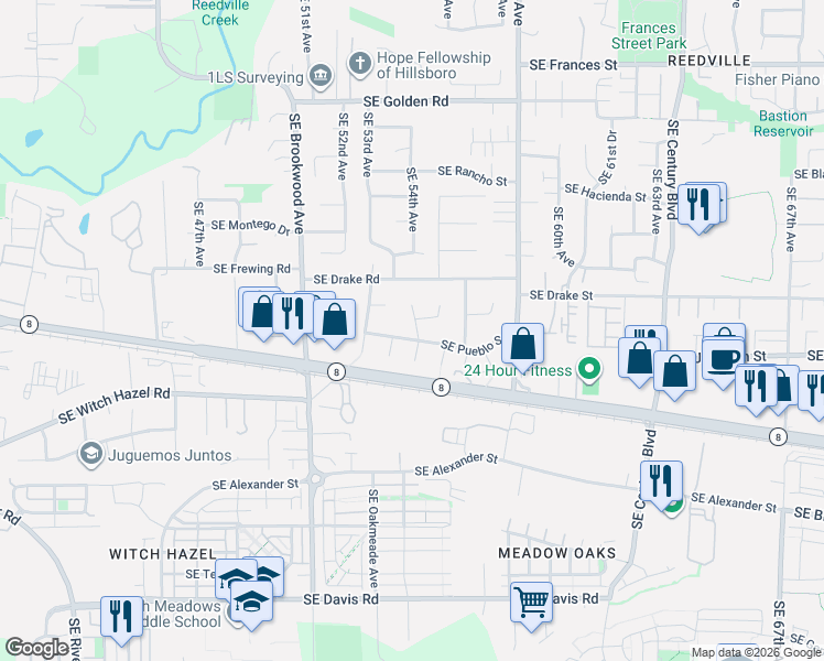 map of restaurants, bars, coffee shops, grocery stores, and more near 5542 Southeast Pueblo Street in Hillsboro