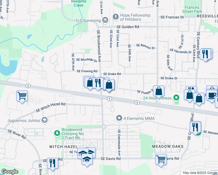 map of restaurants, bars, coffee shops, grocery stores, and more near 2400 Southeast Brookwood Avenue in Hillsboro