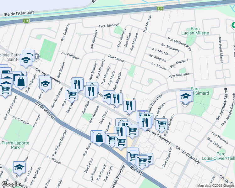 map of restaurants, bars, coffee shops, grocery stores, and more near 1650 Rue Meunier in Longueuil