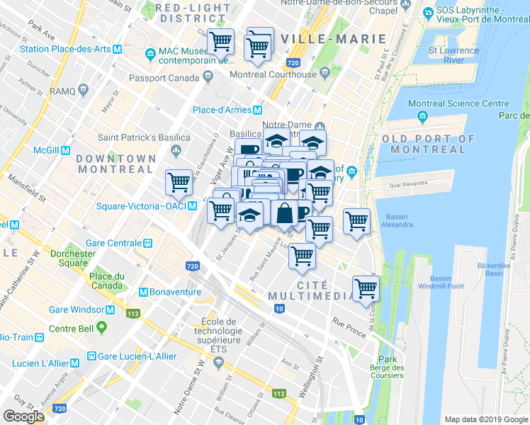 map of restaurants, bars, coffee shops, grocery stores, and more near 417 Rue Notre-Dame Ouest in Montréal