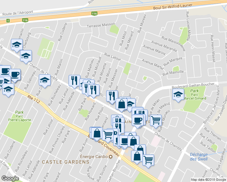 map of restaurants, bars, coffee shops, grocery stores, and more near 1650 Rue Meunier in Longueuil