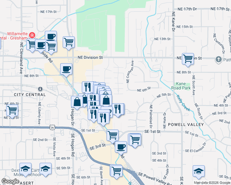 map of restaurants, bars, coffee shops, grocery stores, and more near 569 Northeast Fleming Avenue in Gresham