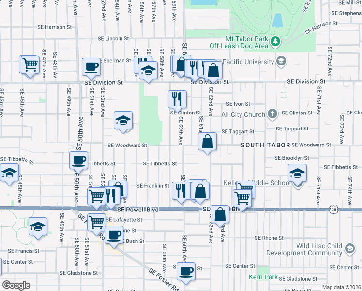 map of restaurants, bars, coffee shops, grocery stores, and more near Southeast 59th Avenue in Portland