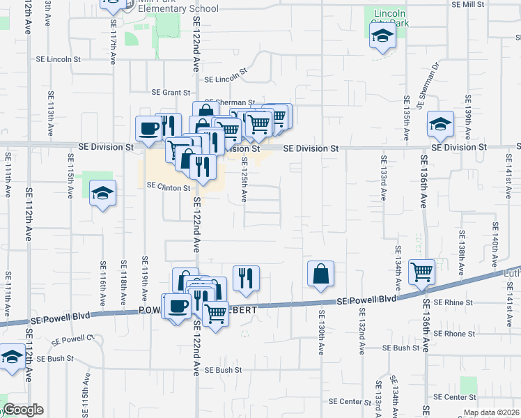 map of restaurants, bars, coffee shops, grocery stores, and more near 12533 Southeast Woodward Street in Portland