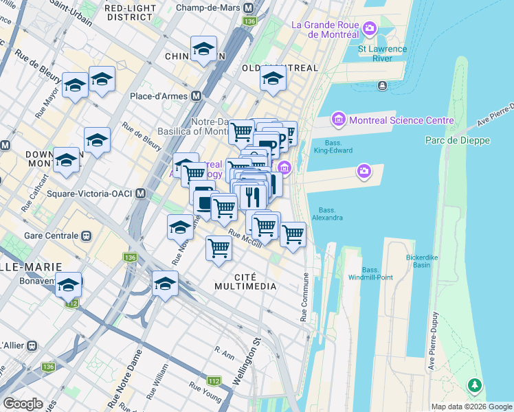 map of restaurants, bars, coffee shops, grocery stores, and more near 310 Rue Saint-Paul Ouest in Montréal
