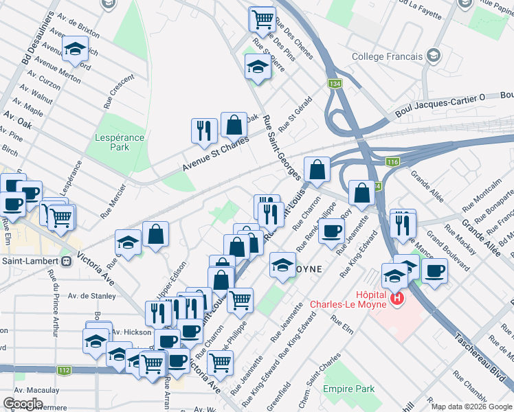 map of restaurants, bars, coffee shops, grocery stores, and more near 373 Rue Upper Edison in Saint-Lambert