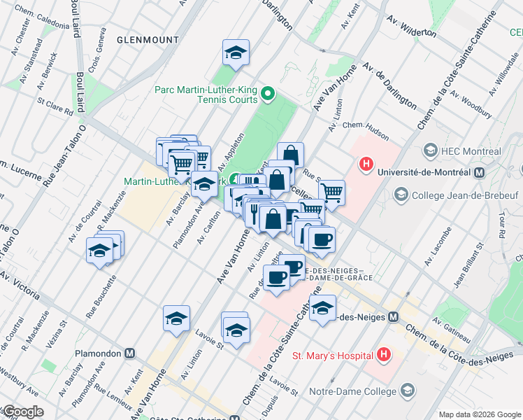 map of restaurants, bars, coffee shops, grocery stores, and more near 3532 Avenue Van Horne in Montreal