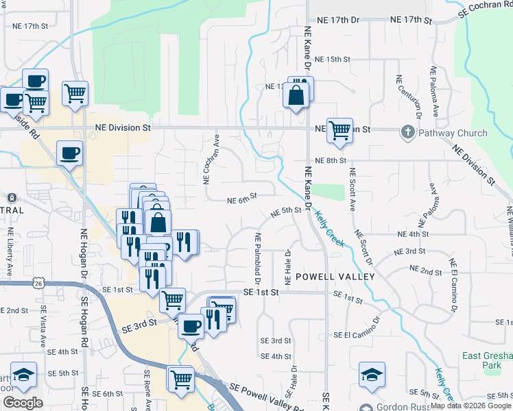 map of restaurants, bars, coffee shops, grocery stores, and more near 505 Northeast Dexter Court in Gresham