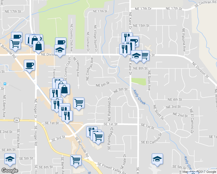 map of restaurants, bars, coffee shops, grocery stores, and more near 505 Northeast Dexter Court in Gresham