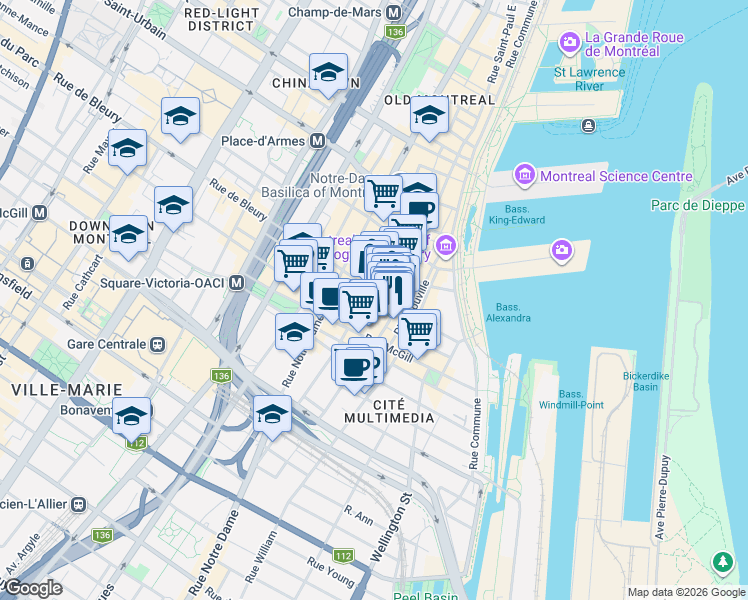 map of restaurants, bars, coffee shops, grocery stores, and more near 422 Rue Saint-Pierre in Montréal