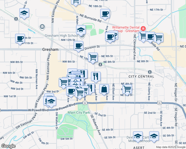 map of restaurants, bars, coffee shops, grocery stores, and more near 260 Northeast 5th Street in Gresham