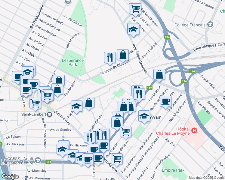 map of restaurants, bars, coffee shops, grocery stores, and more near 275 Rue Upper-Edison in Saint-Lambert